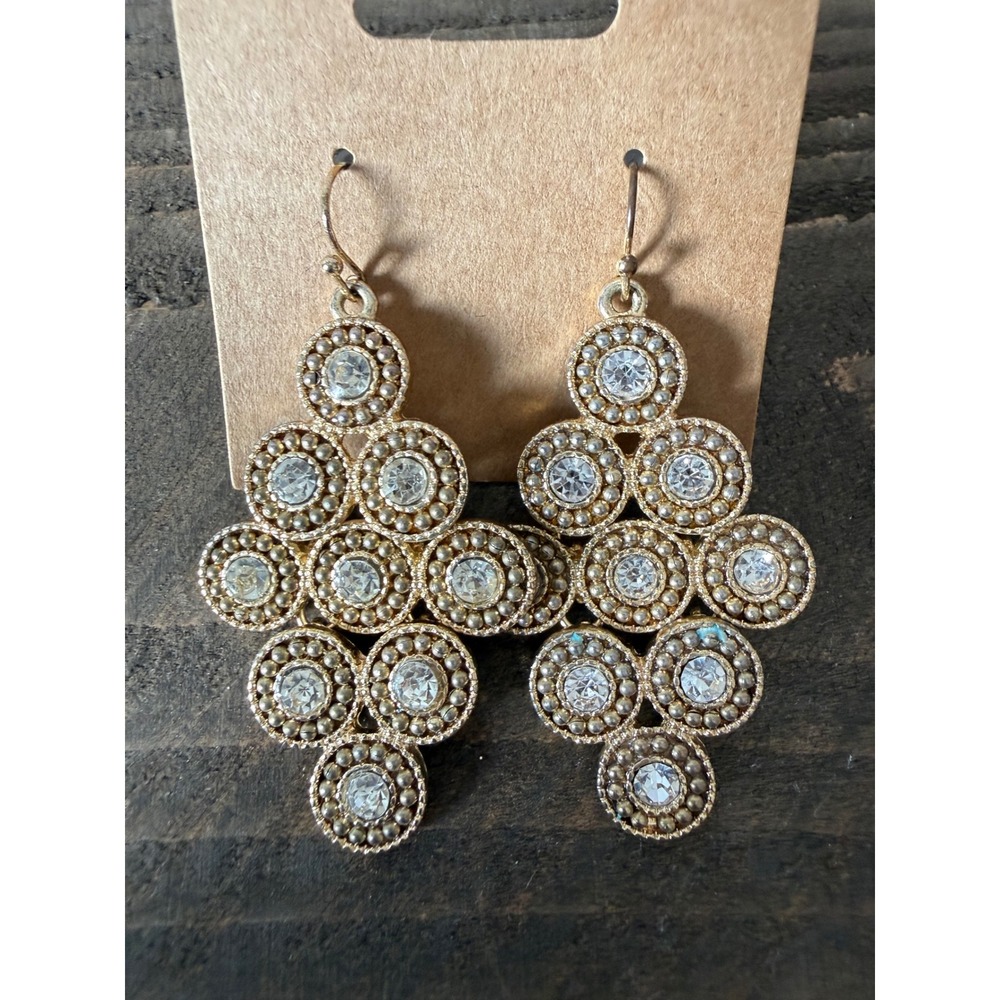 Gold Tone Rhinestone Tiered Chandelier Drop Earrings Clear Crystal Geometric